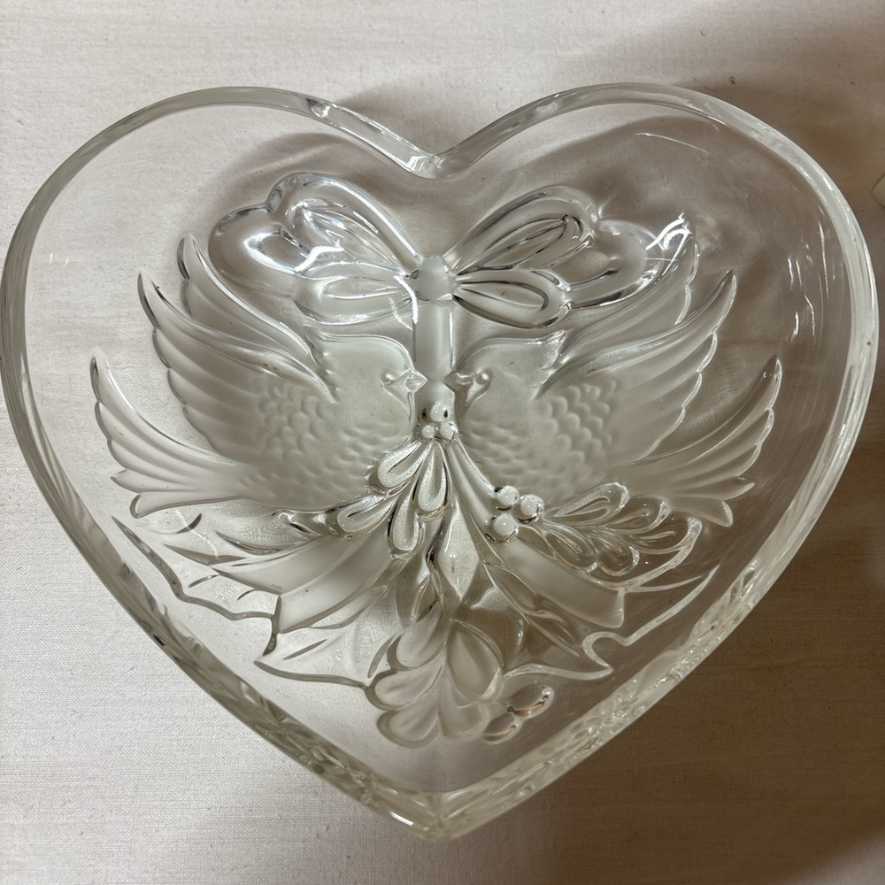 Heart-Shaped Candy Glass Dish with Dove Design
